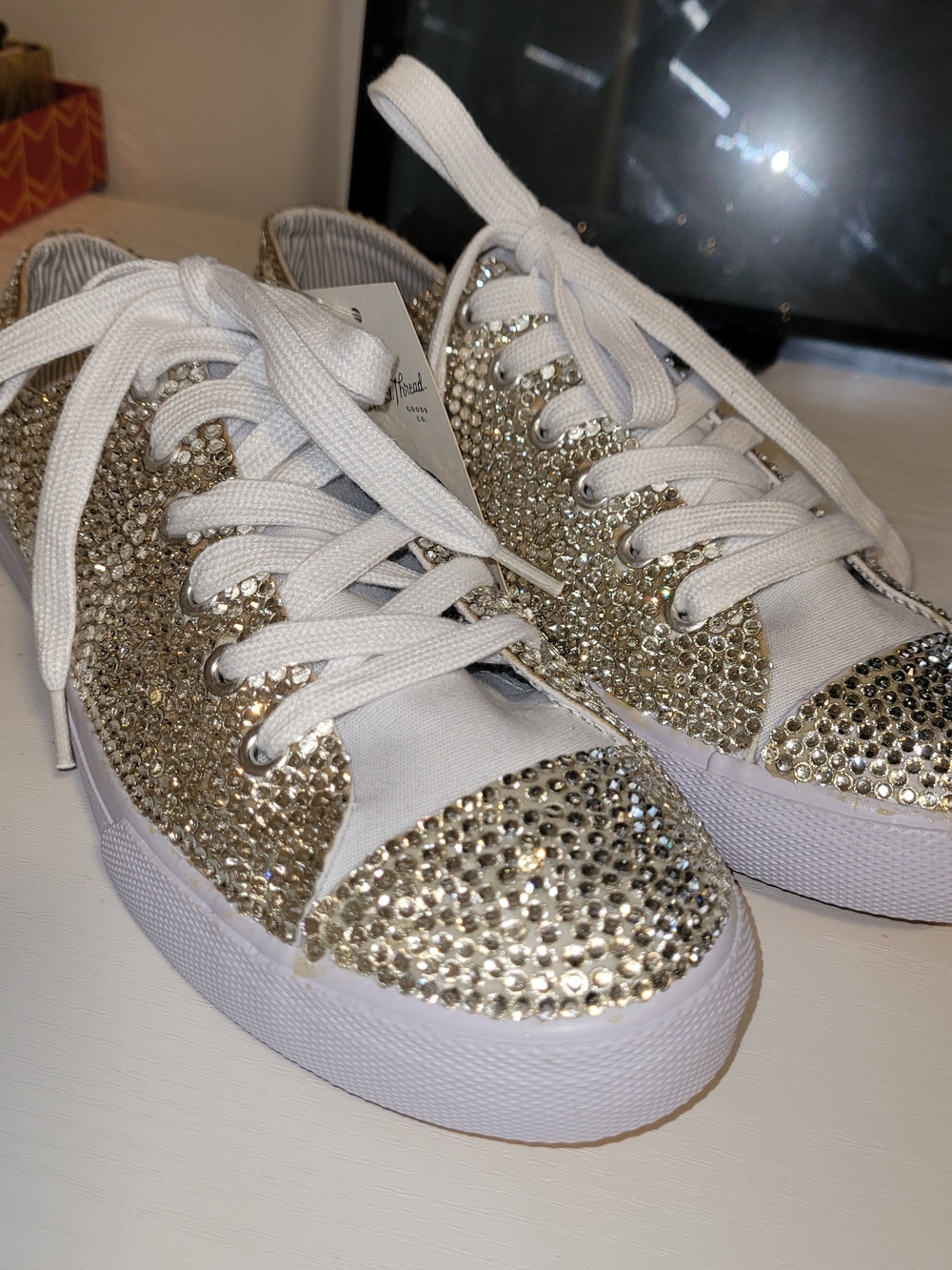 Custom Rhinestone Sneakers Gold White Platform Size 9 Sparkle - Picture 6 of 6